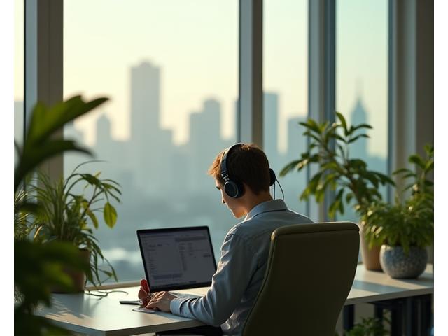 Persoană concentrată într-un birou modern cu 'sound masking' natural, sunete ambientale subtile.