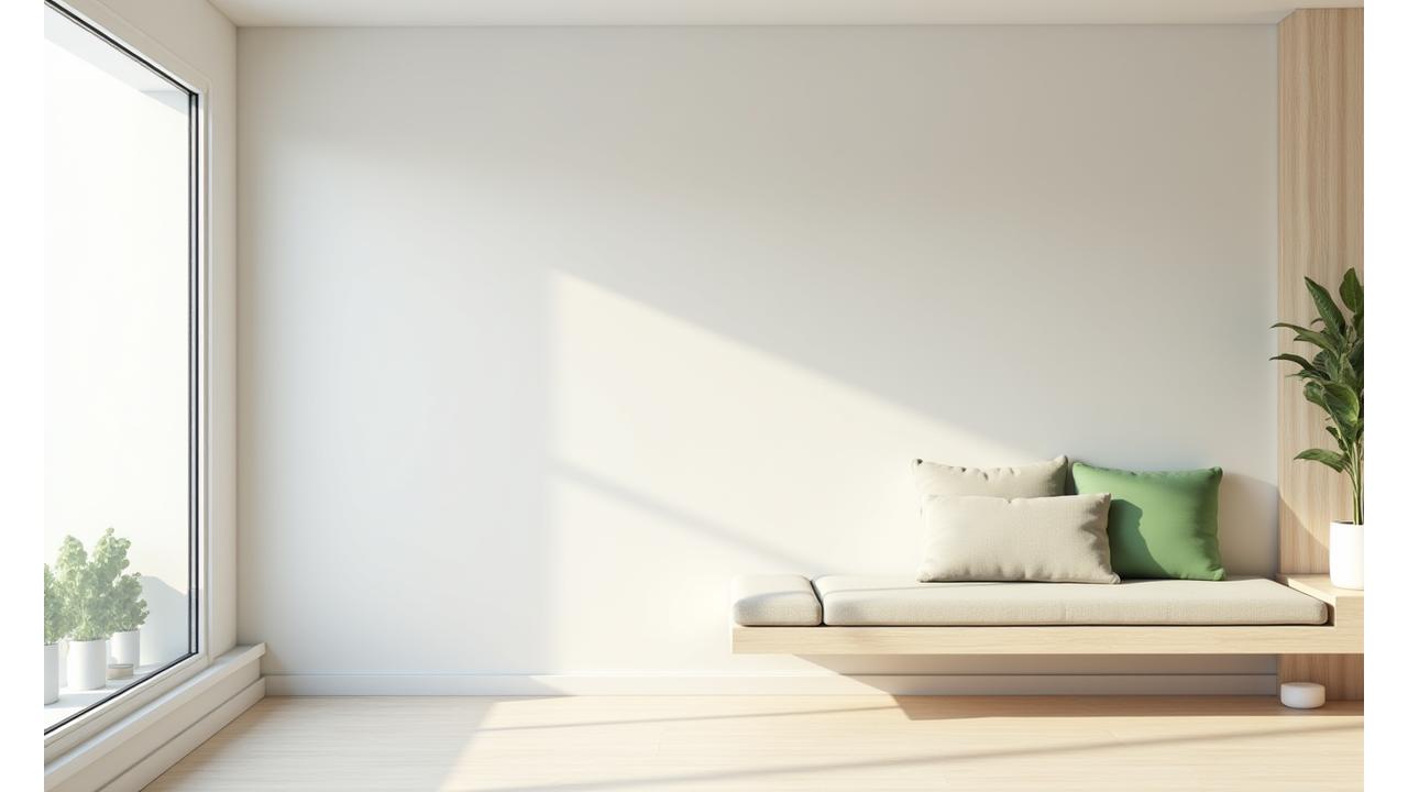 Un mockup stilizat al unui living modern, deschis, cu elemente tecnologice subtil integrate: senzori de aer pe perete, benzi LED ascunse pentru lumină circadiană, difuzoare discret plasate în tavan.