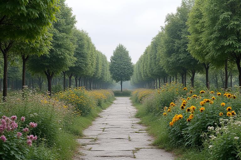 Marginea existentă a Parcului Central Cluj, cu alei aglomerate și vegetație uniformă.